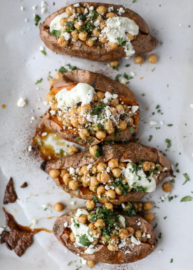 slow roasted sweet potatoes with garlic chickpeas and blue cheese sauce I howsweeteats.com 