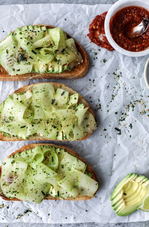 sesame cucumber ribbon avocado toast I howsweeteats.com 