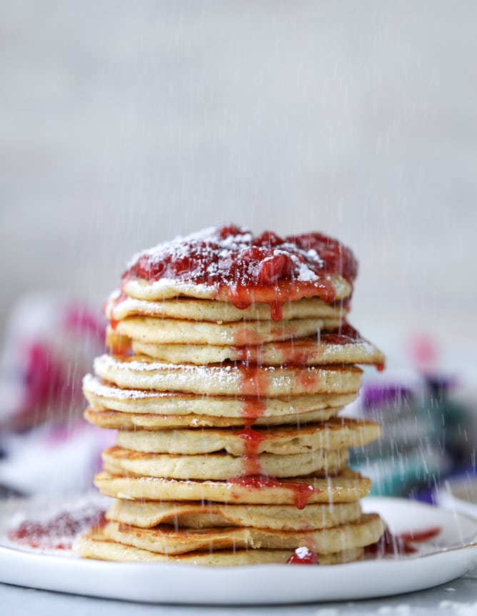 mini coconut ricotta pancakes with strawberry syrup I howsweeteats.com 