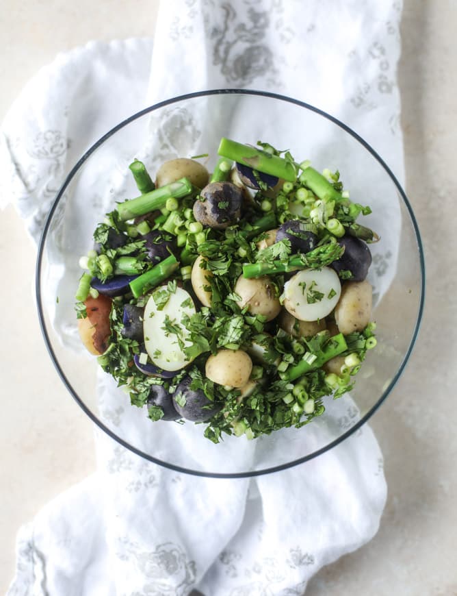 asparagus potato salad with hot bacon dressing I howsweeteats.com