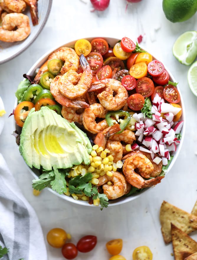 tequila shrimp taco salad I howsweeteats.com