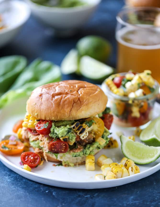pulled chicken guacamole sliders with grilled corn pico I howsweeteats.com