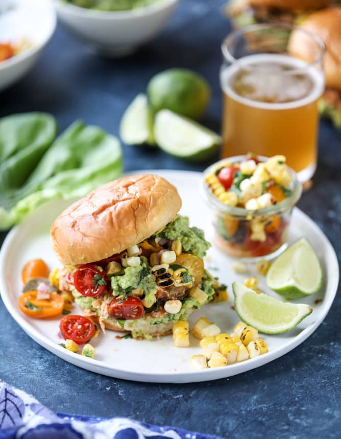 pulled chicken guacamole sliders with grilled corn pico I howsweeteats.com