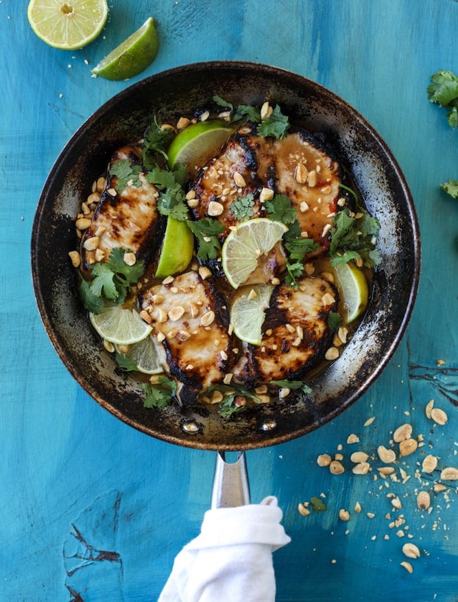 thai skillet pork chops with coconut rice I howsweeteats.com