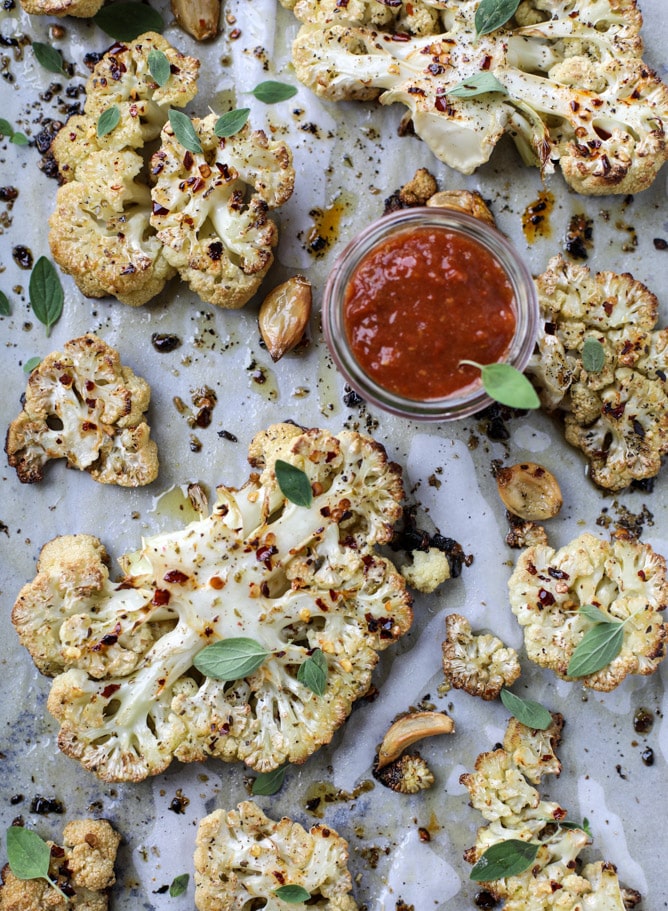 roasted sicilian cauliflower with quick tomato jam I howsweeteats.com
