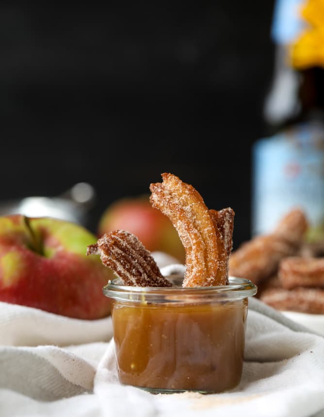 apple cider churros with cider beer caramel I howsweeteats.com
