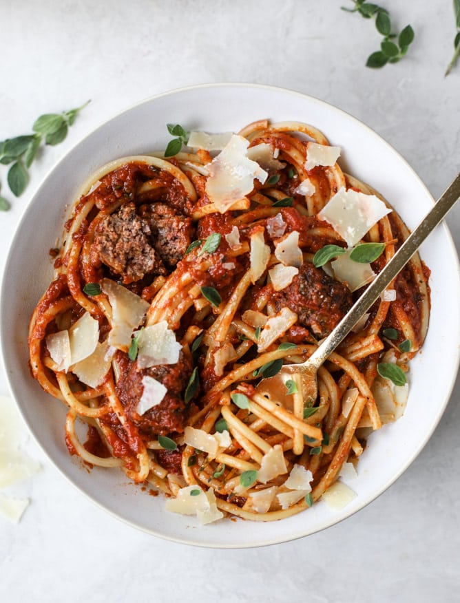 bacon meatballs with bucatini I howsweeteats.com #bacon #pasta #meatballs