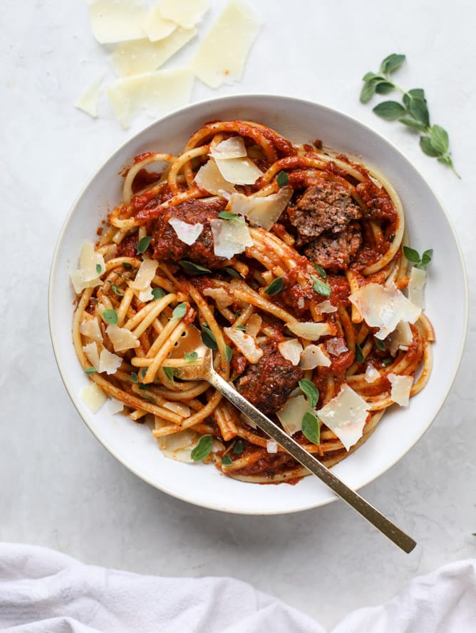 bacon meatballs with bucatini I howsweeteats.com #bacon #pasta #meatballs