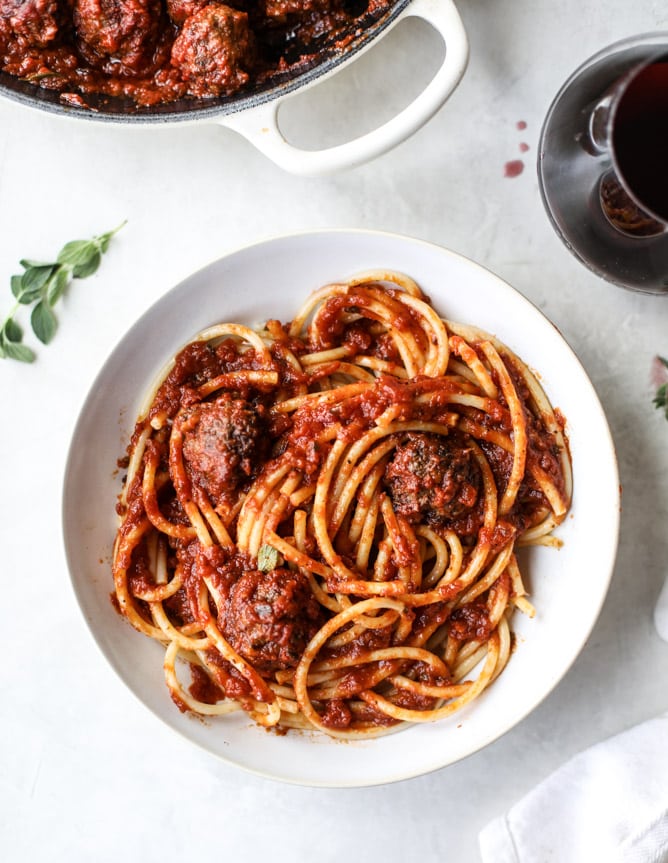 bacon meatballs with bucatini I howsweeteats.com #bacon #pasta #meatballs