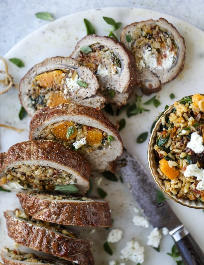 butternut, apple and goat cheese stuffed pork tenderloin I howsweeteats.com #pork #squash #holiday #recipes