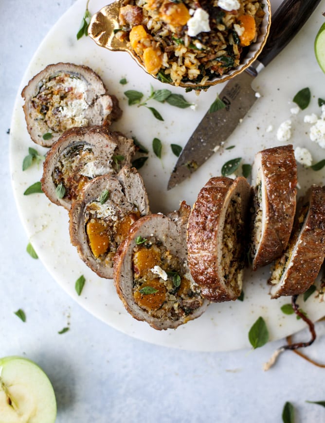 butternut, apple and goat cheese stuffed pork tenderloin I howsweeteats.com #pork #squash #holiday #recipes