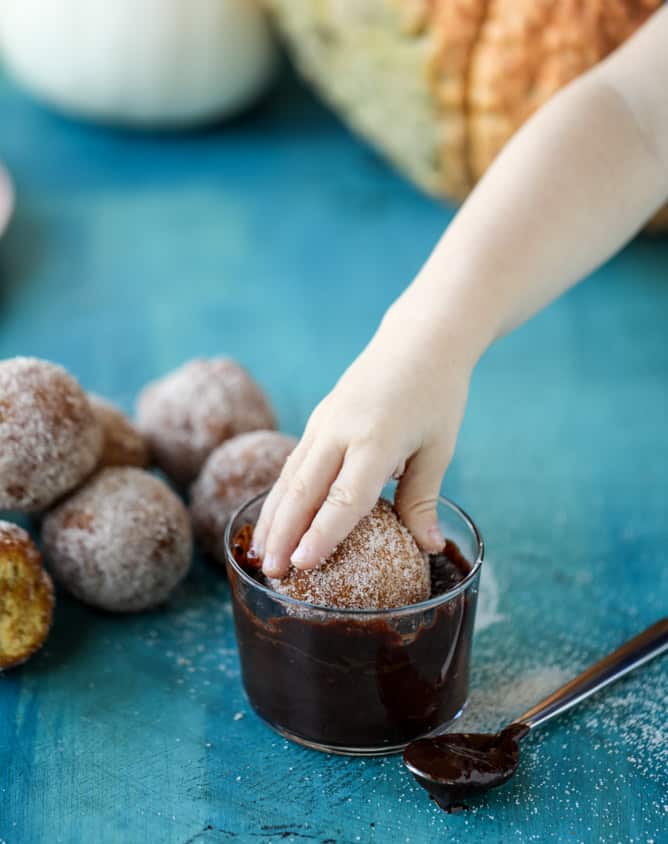 pumpkin doughnut holes with hot fudge I howsweeteats.com