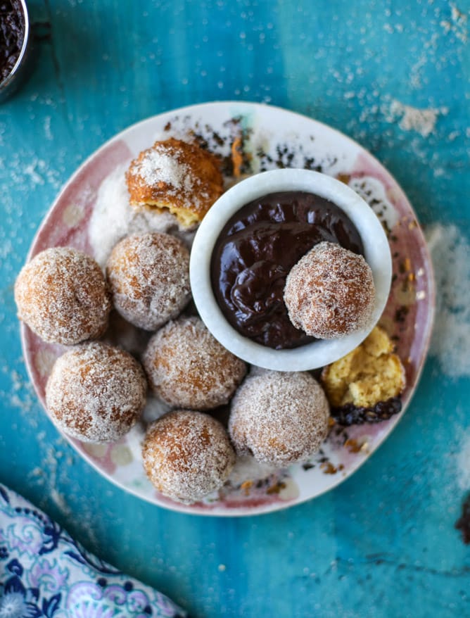 pumpkin doughnut holes with hot fudge I howsweeteats.com