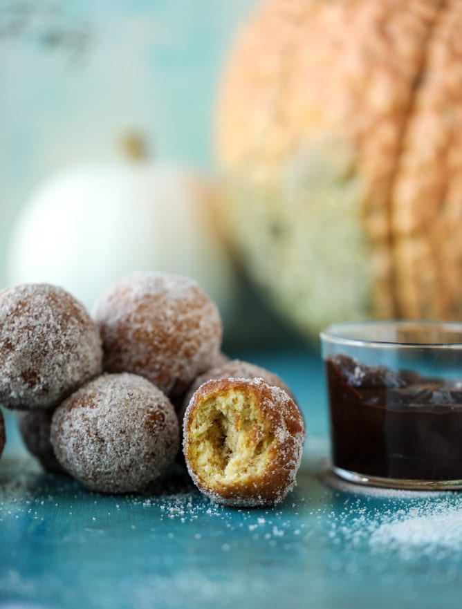 pumpkin doughnut holes with hot fudge I howsweeteats.com