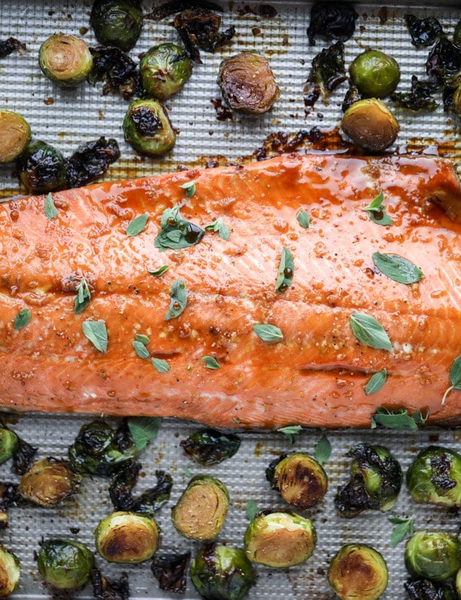sheet pan honey garlic salmon and brussels I howsweeteats.com #sheetpan #salmon #honeygarlic #brusselssprouts
