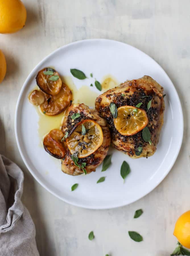 meyer lemon roasted chicken I howsweeteats.com #chicken #lemon #roastedchicken #healthy #meyerlemon