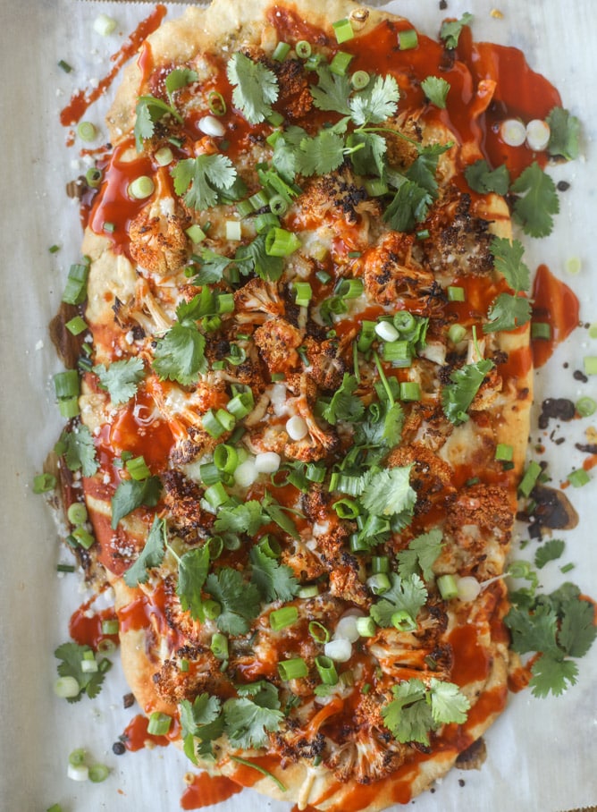 roasted buffalo cauliflower flatbread I howsweeteats.com #cauliflower #buffalo #pizza #flatbread
