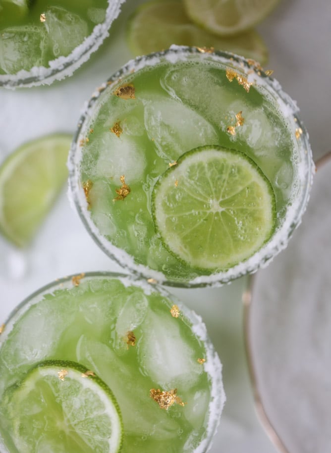 golden green goddess margaritas I howsweeteats.com #greengoddess #margaritas #saintpatricksday #cocktails #golfleaf