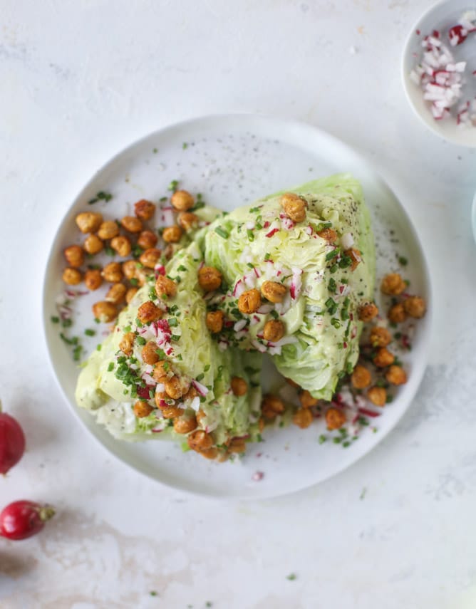 crispy chickpea wedge salads with avocado ranch I howsweeteats.com #wedge #salad #chickpeas #avocado #ranch #vegetarian