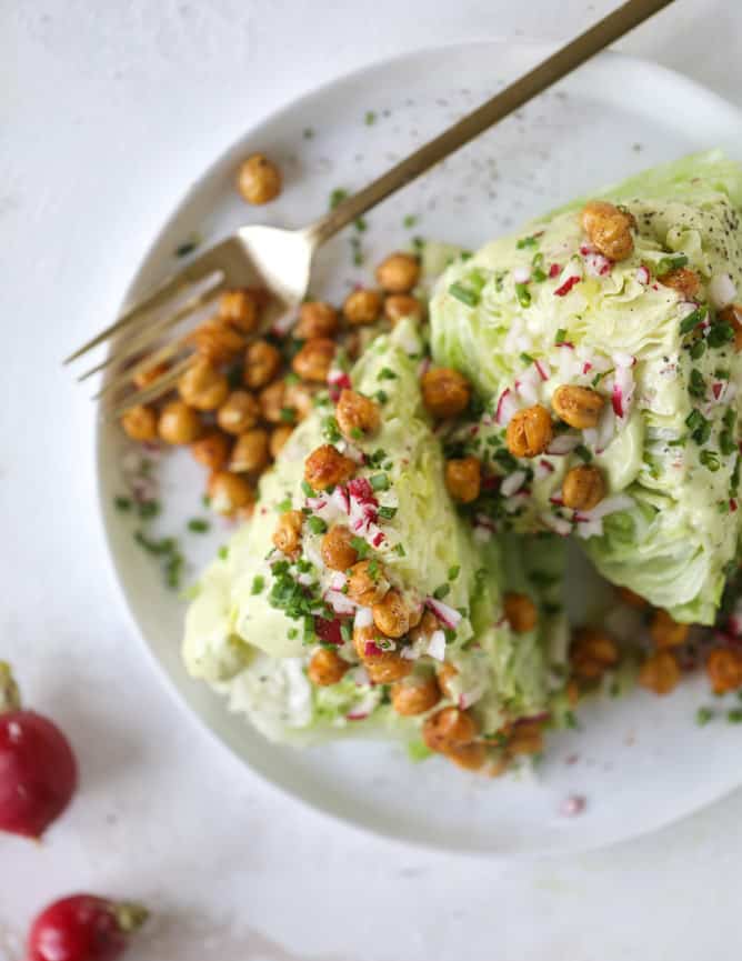 crispy chickpea wedge salads with avocado ranch I howsweeteats.com #wedge #salad #chickpeas #avocado #ranch #vegetarian