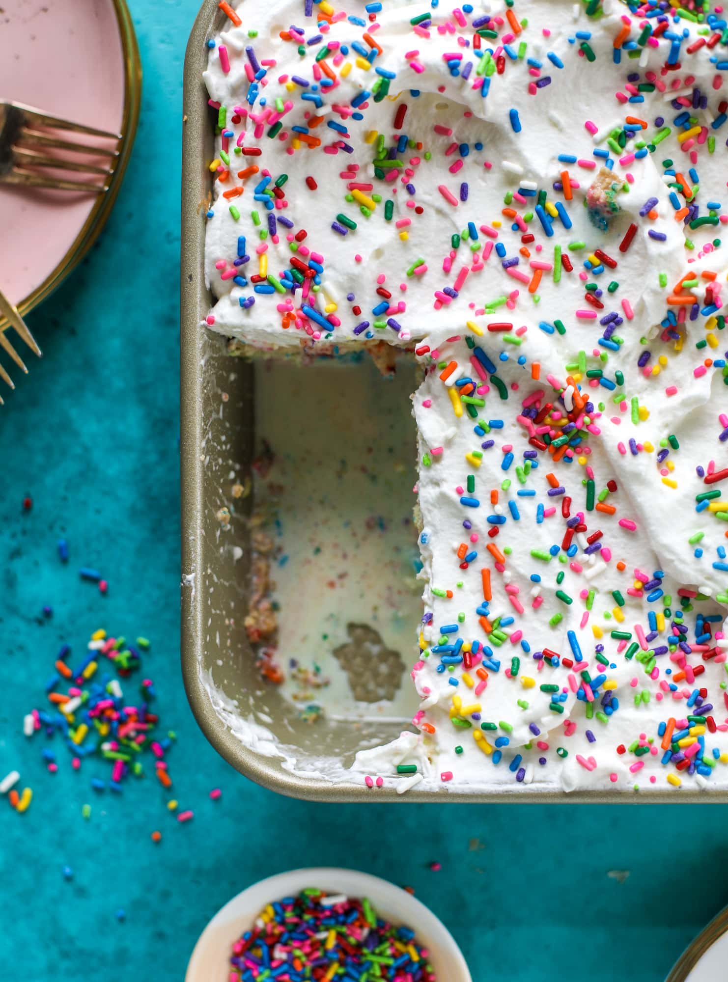 A sprinkled twist on the classic tres leches! Tres leches confetti cake is full of rainbow sprinkles and tastes like heaven. So easy to make!