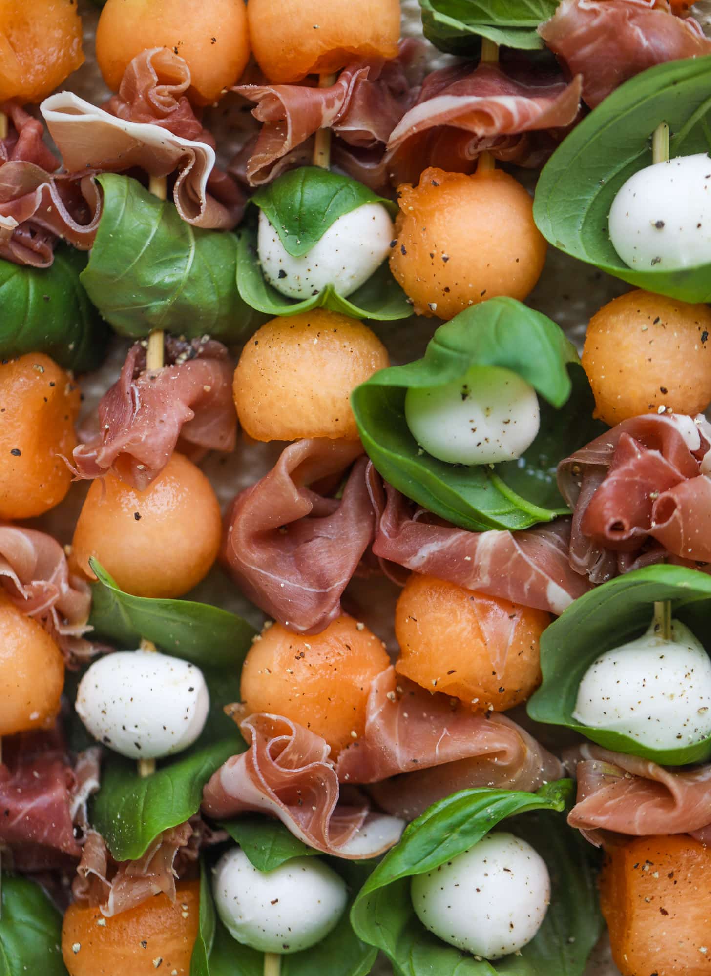 cantaloupe, prosciutto, mozzarella skewers