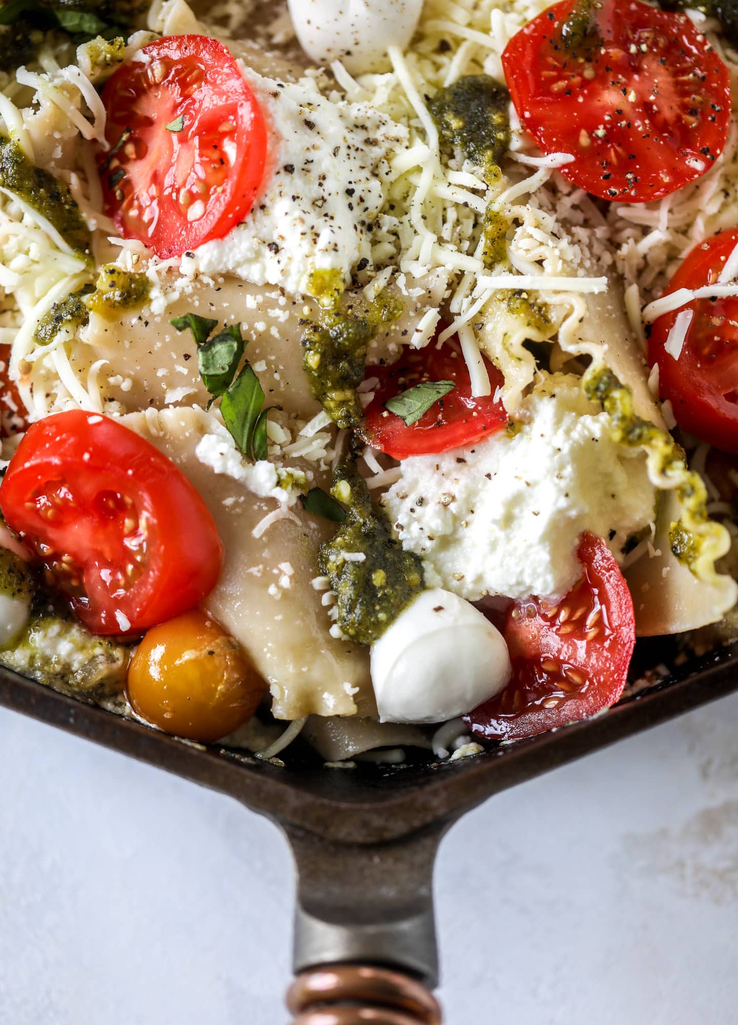 tomatoes, basil, mozzarella, noodles 