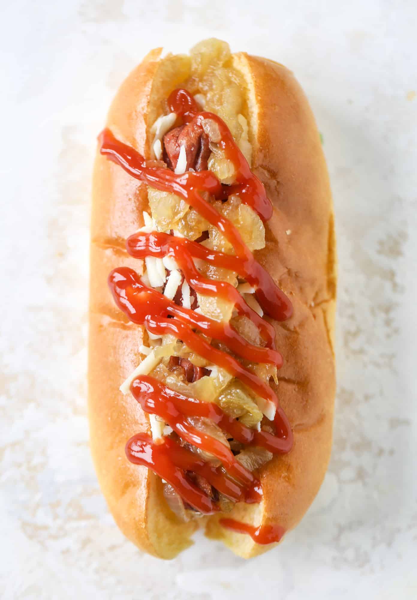 caramelized onion cheddar dog