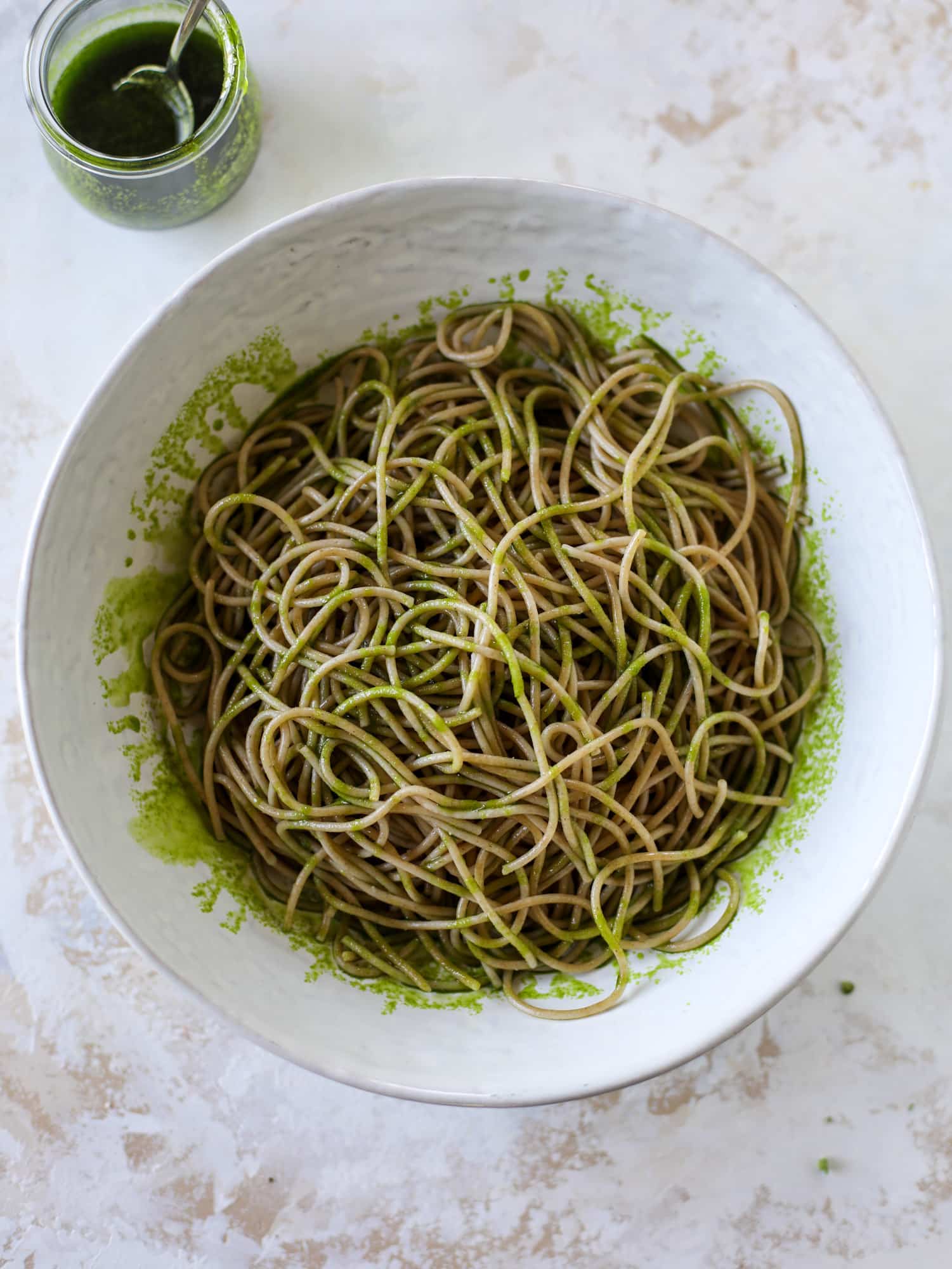 spaghetti tossed in basil oil