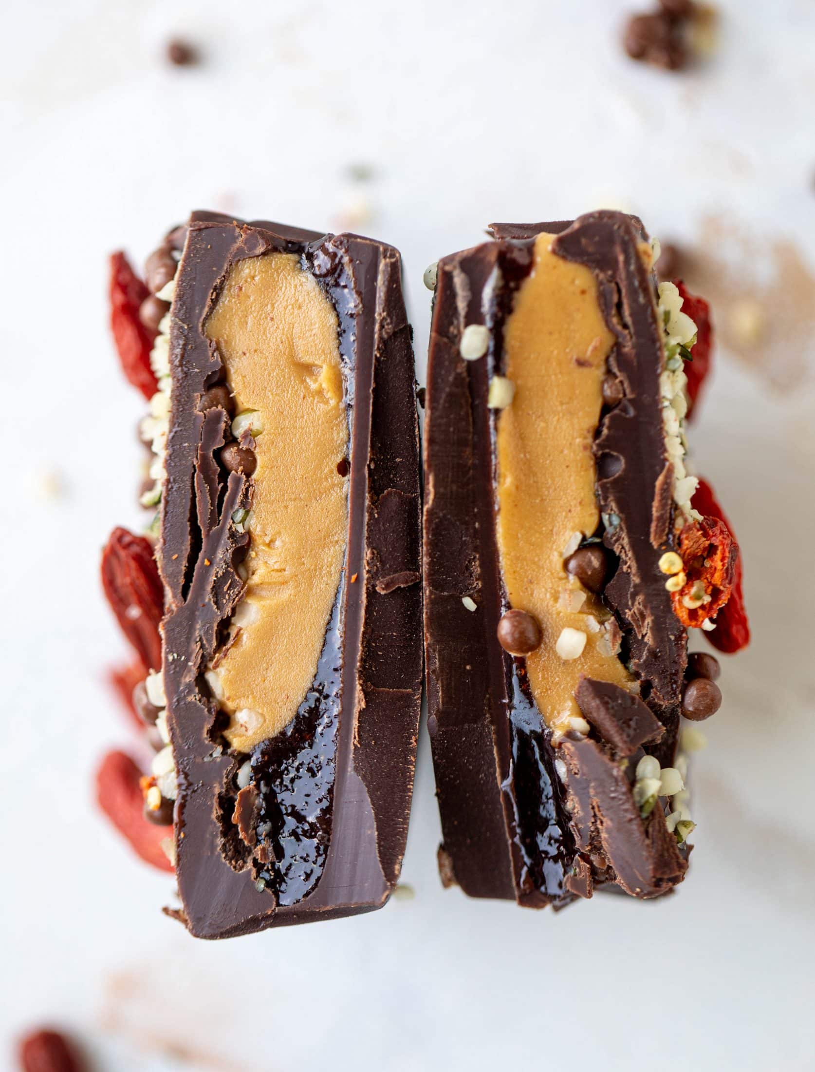 These peanut butter and jelly cups are the best homemade treat ever! Use your favorite jam and add a sprinkle of chia and hemp hearts. So good!