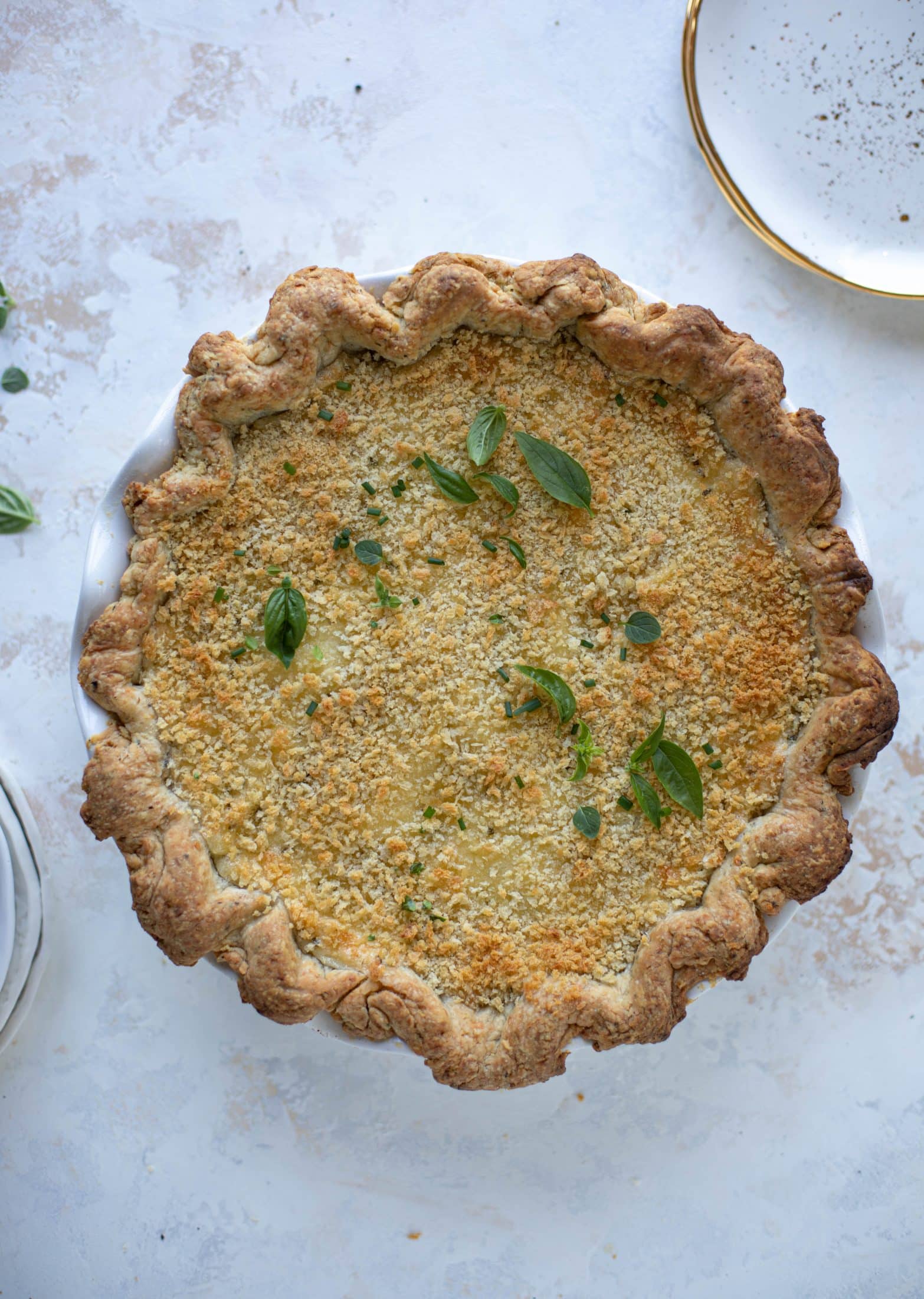 This summer tomato pie is the best dinner ever! Cheddar herb crust, ripe, juicy tomatoes and a cheesy, crunchy layer on top. It's irresistible. 