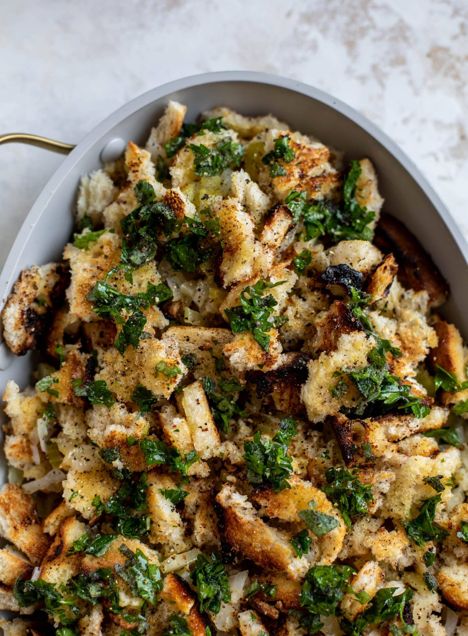 This grilled bread stuffing is a modern twist on the classic - deliciously traditional and flavored to perfection, made with grilled bread!
