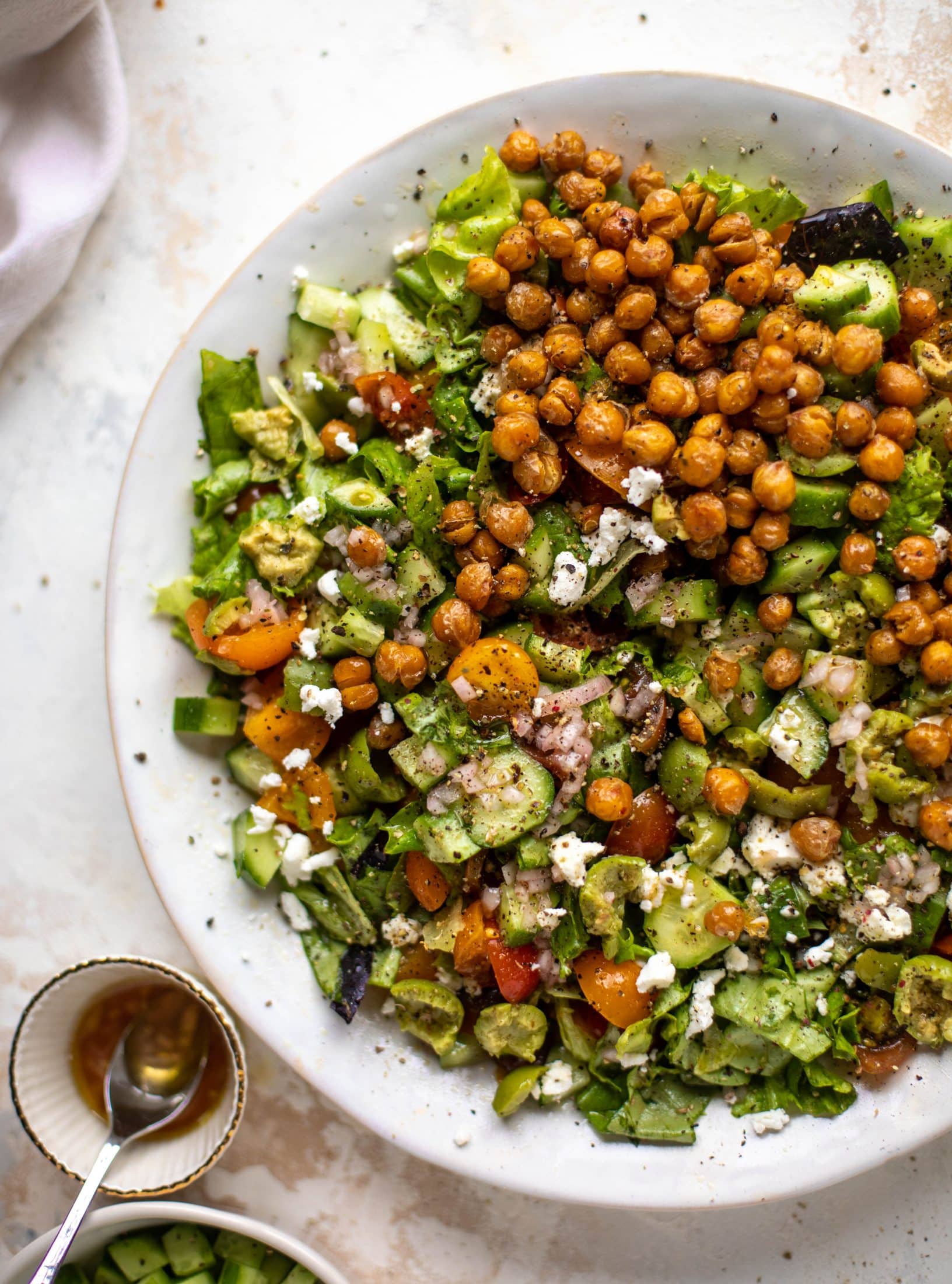 This crispy chickpea chopped salad is super simple and loaded with flavor. It's an incredible side or starter and a huge crowd pleaser!