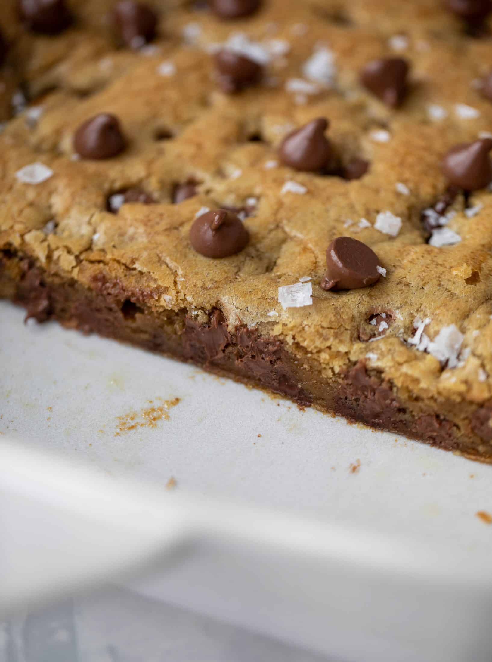 These brown butter chocolate chip cookie bars are chewy, chocolately and sprinkled with flaky salt. What else do you need in life?!