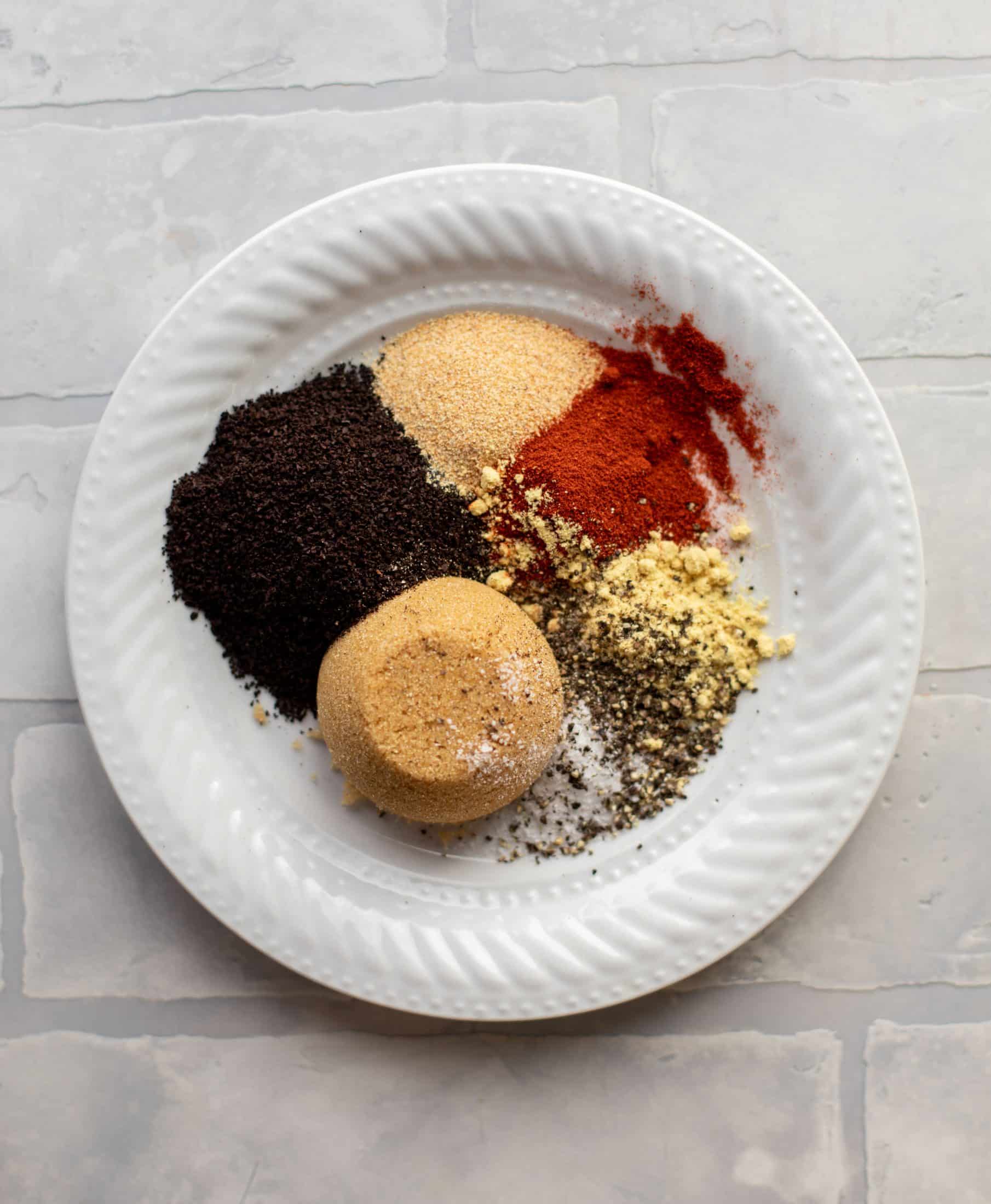 ground coffee, brown sugar, salt, pepper, smoked paprika, garlic, mustard powder