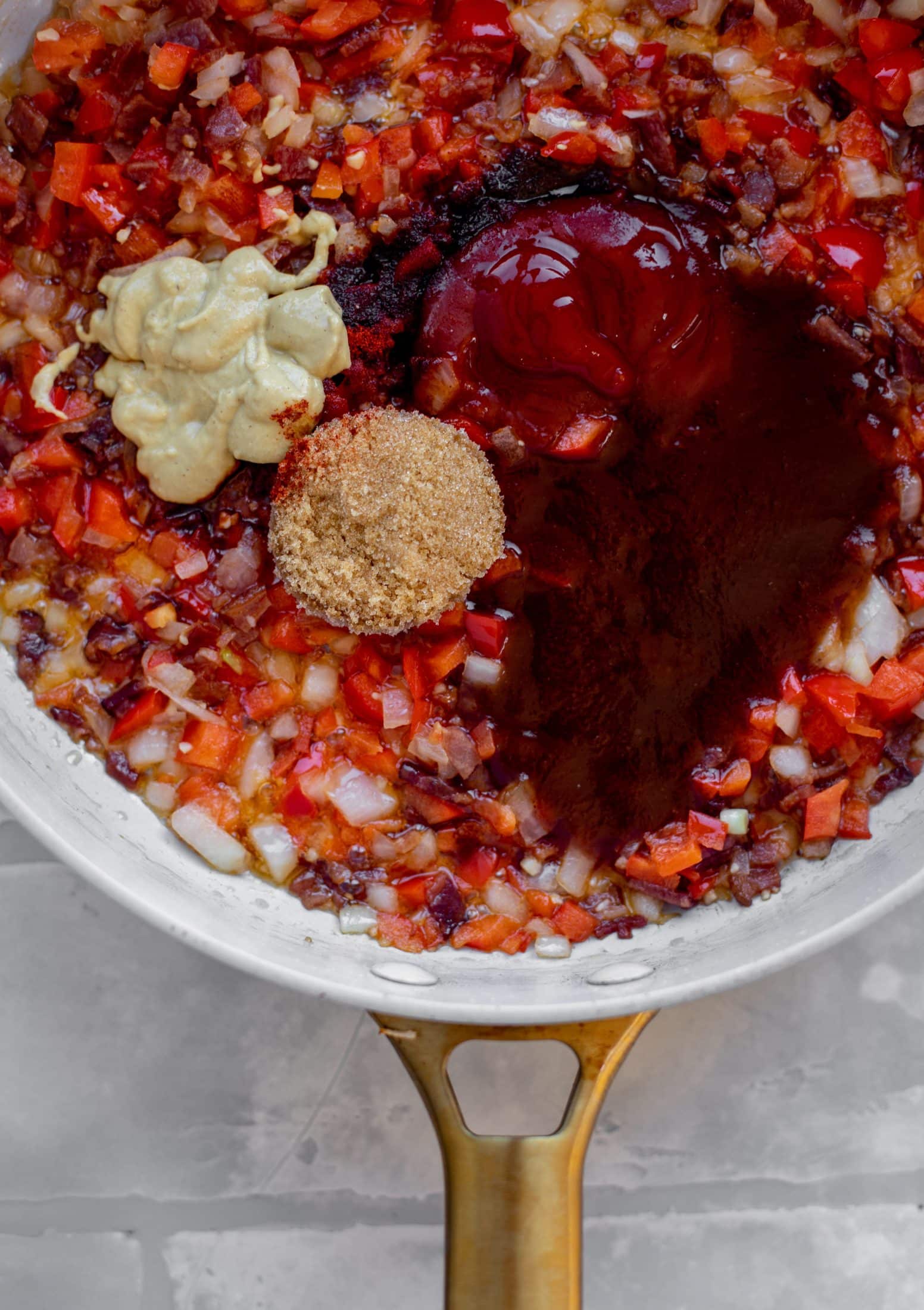 bacon, peppers and onions with dijon, brown sugar and BBQ sauce