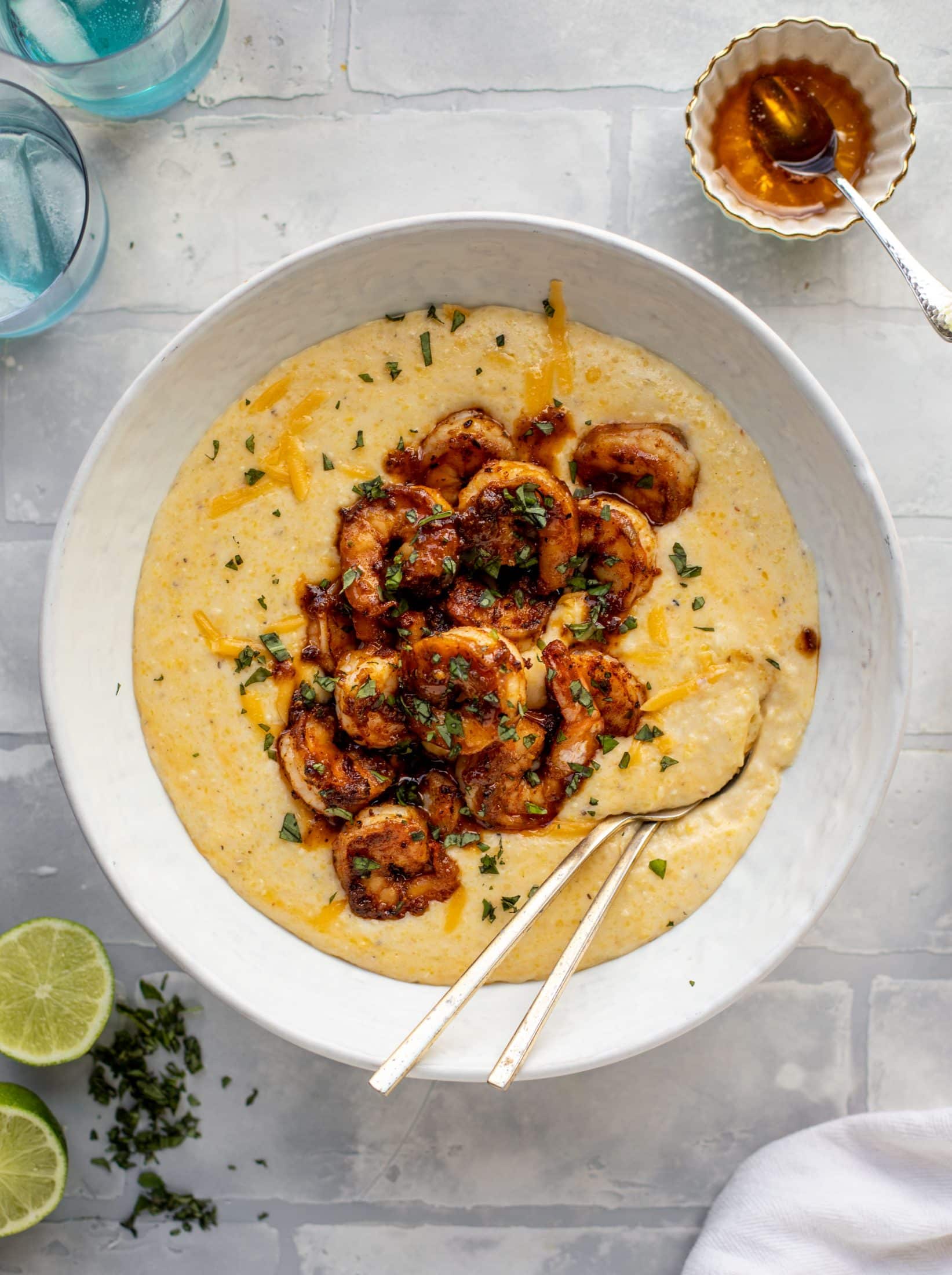 Honey Mustard Cajun Shrimp with Cheddar Grits