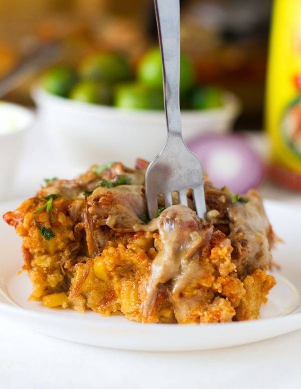 Chicken Tamale Pie on a plate and a fork.