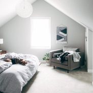Bedroom upstairs with Sage on the bed.