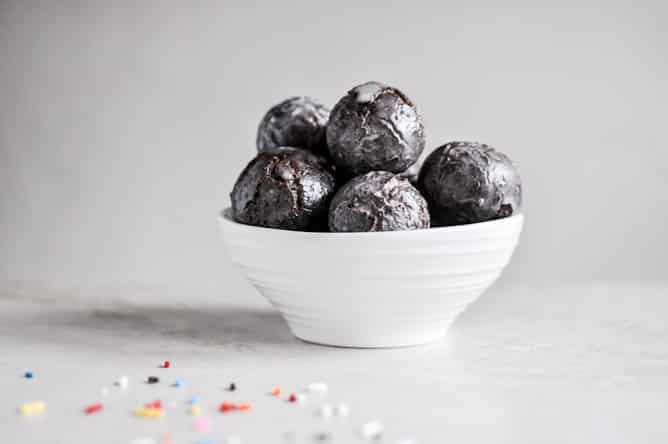 Glazed and Sprinkled Chocolate Cake Donut Holes I howsweeteats.com