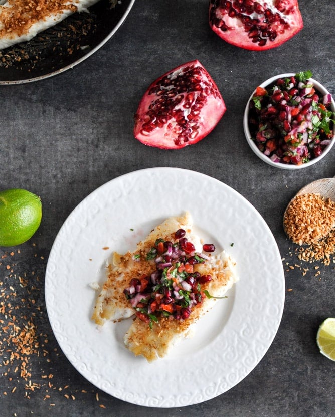 Toasted Coconut Tilapia with Pomegranate Salsa I howsweeteats.com