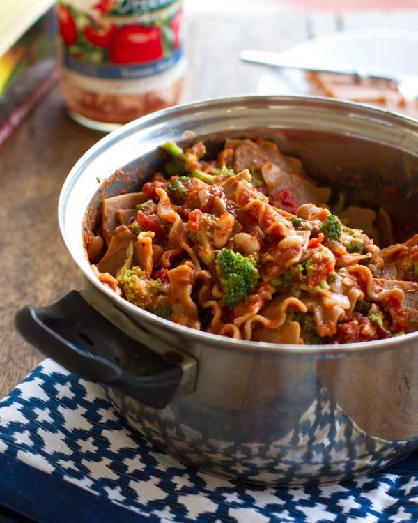 Broccoli and white bean lasagna in a pot.