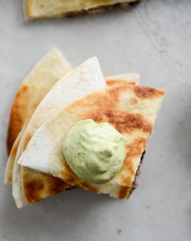Cheesy Double Bean Quesadillas with Homemade Avocado Ranch I howsweeteats.com