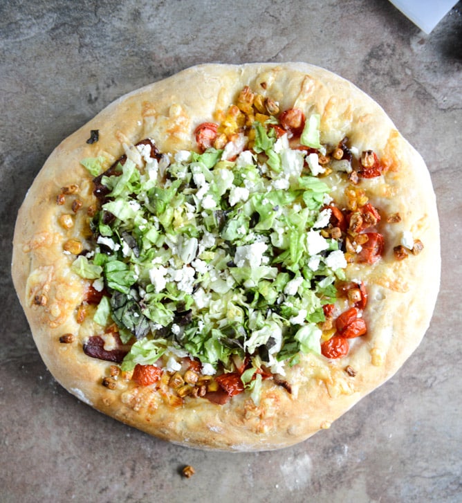 BLT Pizza with Grilled Corn + Crumbled Feta I howsweeteats.com