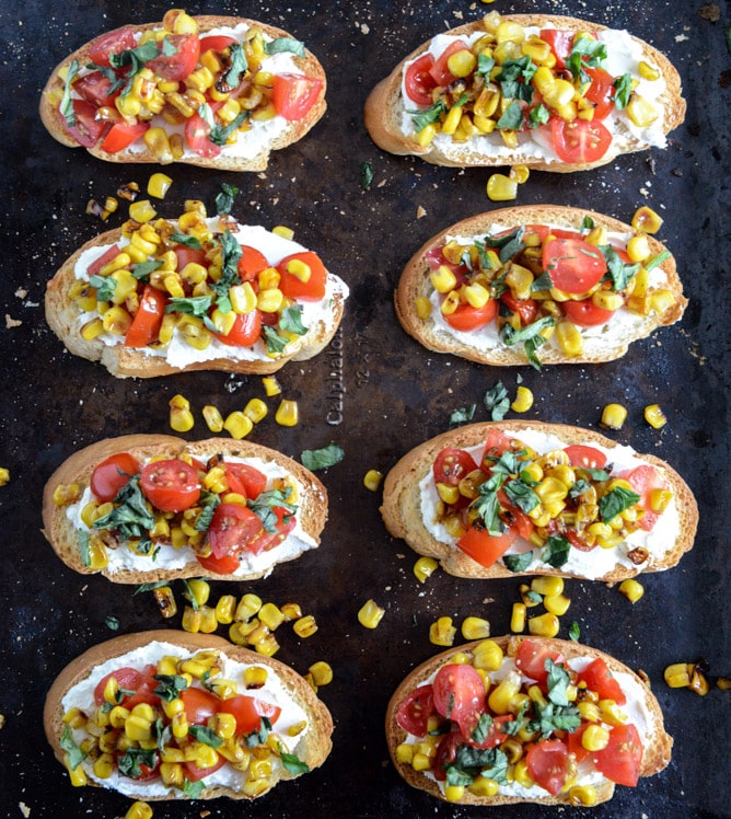 Summer Crostini with Whipped Roasted Garlic Goat Cheese I howsweeteats.com