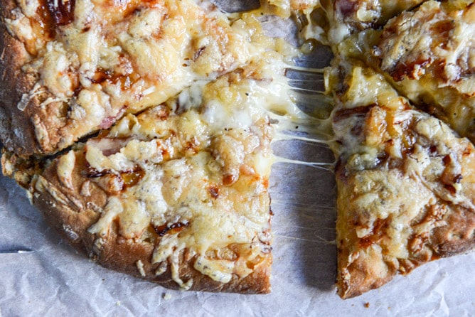 Caramelized Onion, Gruyere + Pepper Bacon Whole Wheat Pizza I howsweeteats.com