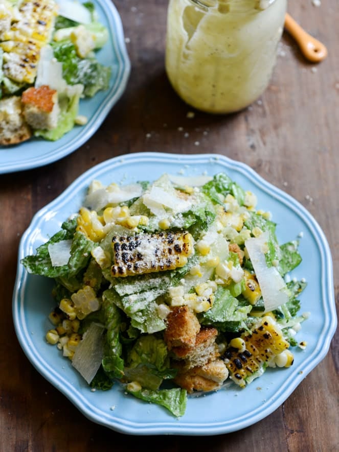 Roasted Corn Caesar Salads with Parmesan Greek Yogurt Caesar Dressing I howsweeteats.com