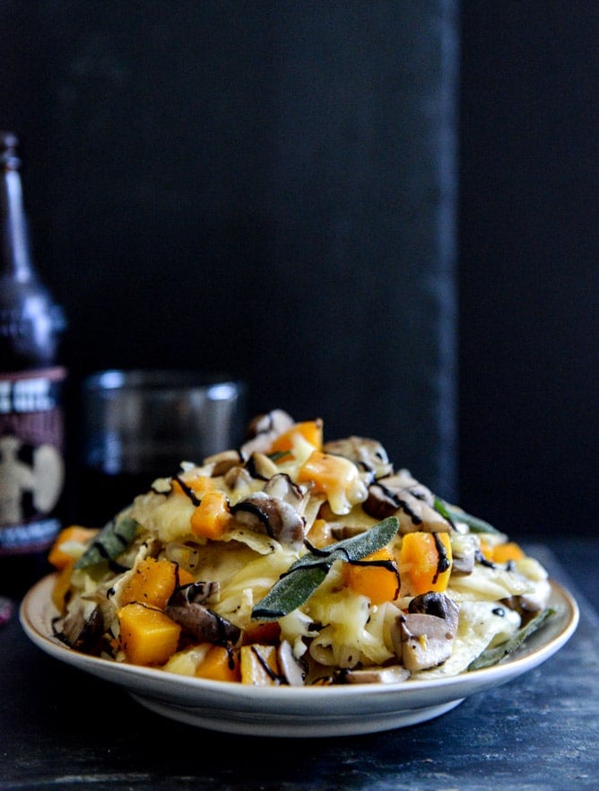 Spiced Butternut Squash, Garlic Butter Mushroom and Fontina Nachos with Crispy Sage I howsweeteats.com