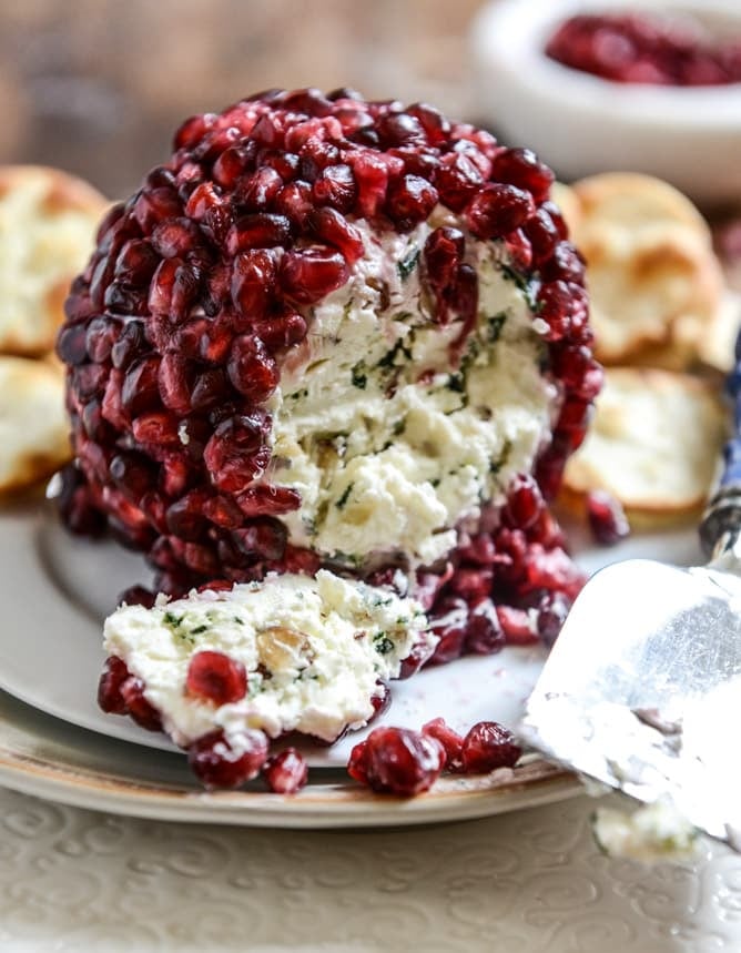Pomegranate Jeweled White Cheddar, Toasted Almond and Crispy Sage Cheeseball I howsweeteats.com