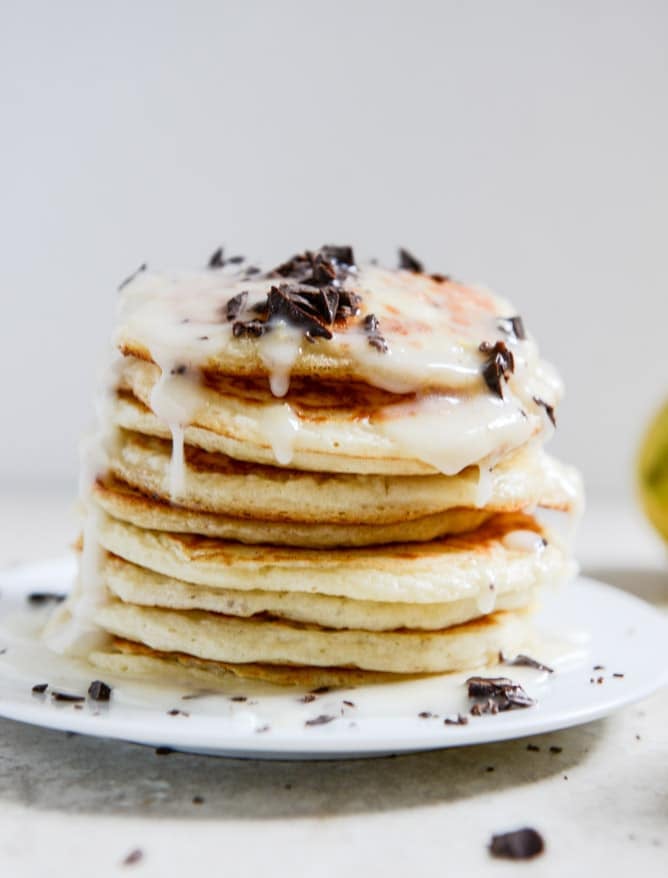 bittersweet chocolate and lemon glazed whipped ricotta pancakes I howsweeteats.com